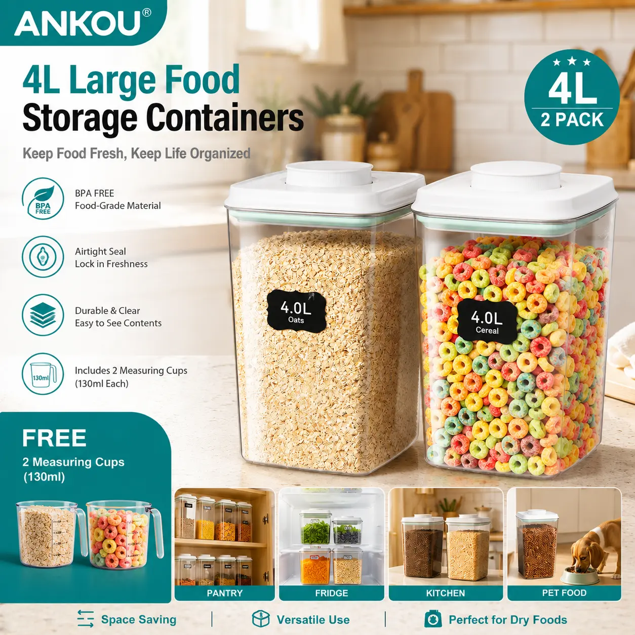 ANKOU 2-Pack 4L/4.2Qt Large Airtight Food Storage Containers with Push-Button Lid, BPA-Free, Measuring Cup for Flour Cereal, Pantry Storage & Kitchen Organizer, Easy Cleaning