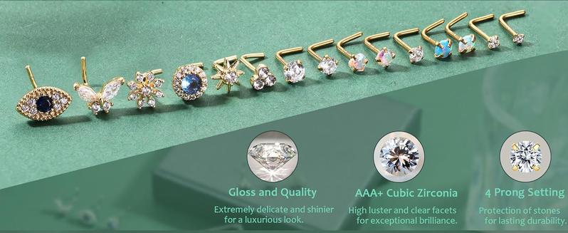 15Pcs 14K Gold Filled Nose Rings Studs 20G Surgical Stainless Steel L Shaped Nose Studs Genuine Opal CZ Nose Piercing Jewelry for Women Men