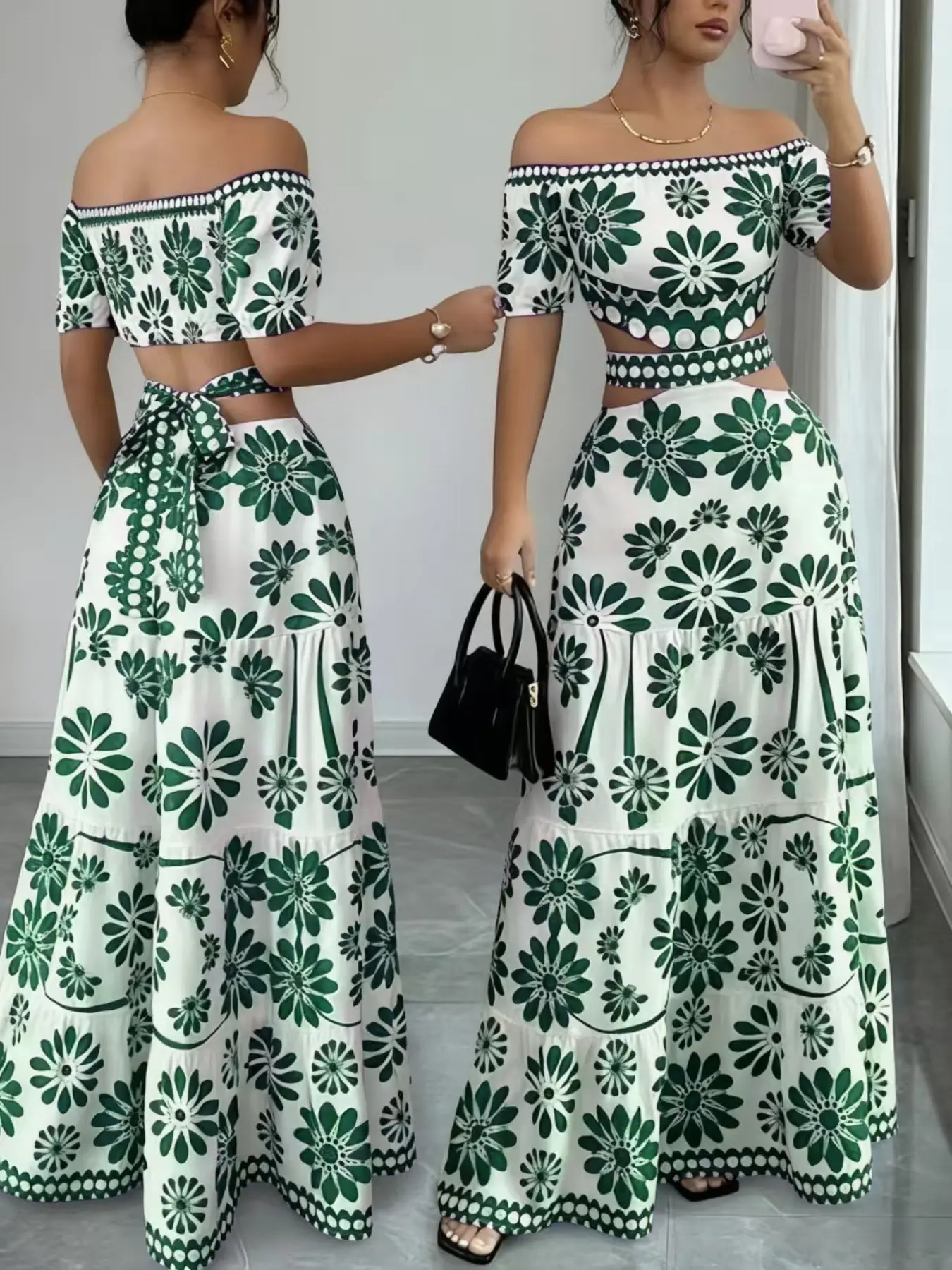 Women's Floral Off-Shoulder Dress, Sleeveless Hollow Out Waist, Casual Style, All Seasons, Tropical Vacation, Long Dress for Summer