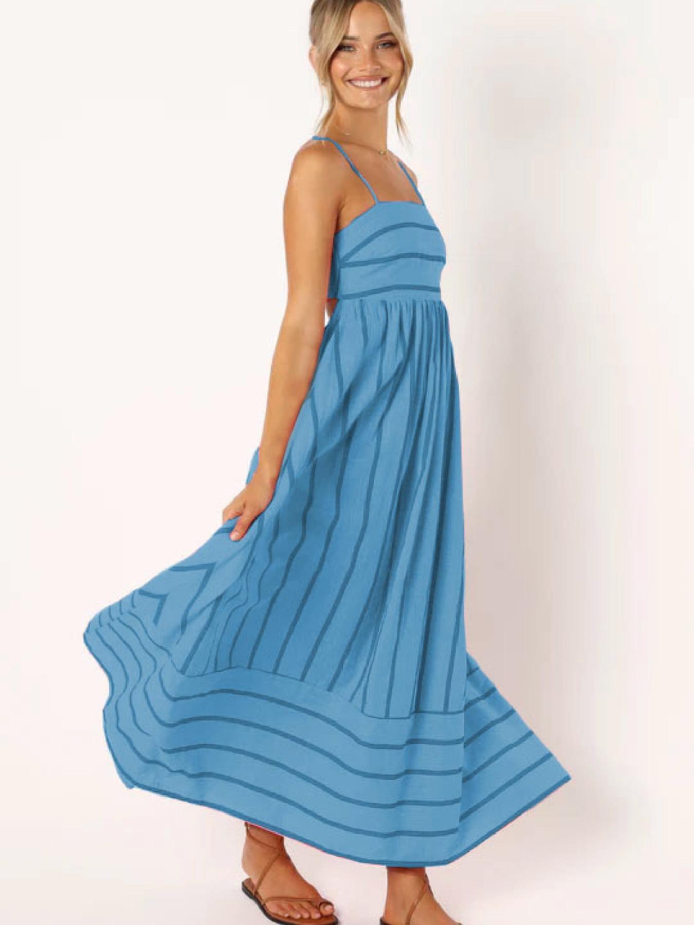 Women's Striped Print Cami Spaghetti Strap Sleeveless Dress, Fashion Casual Long Dress for Daily Outdoor Wear, Ladies Dress for Summer