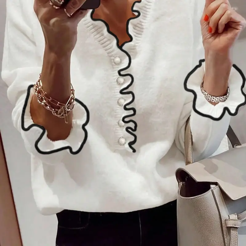 Women's Contrast Binding Faux Pearl Decor Button Front Knitted Sweater Tops, Casual Flounce Sleeve V Neck Jumper for Daily Wear, Ladies Knitwear for All Seasons Piece Knitting