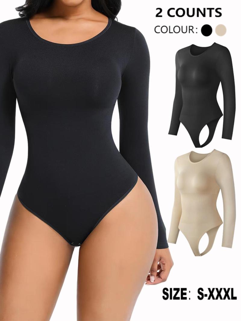 Women's Solid Round Neck Long Sleeve Shapewear Bodysuit, Body Sculpting Compression, Casual Comfy Tummy Control Bodysuit for Daily Wear, Women's Shapewear for All Seasons Women's Solid Round Neck Long Sleeve Shapewear Bodysuit, Body Sculpting Compression, Casual Comfy Tummy Control Bodysuit for Daily Wear, Women's Shapewear for All Seasons