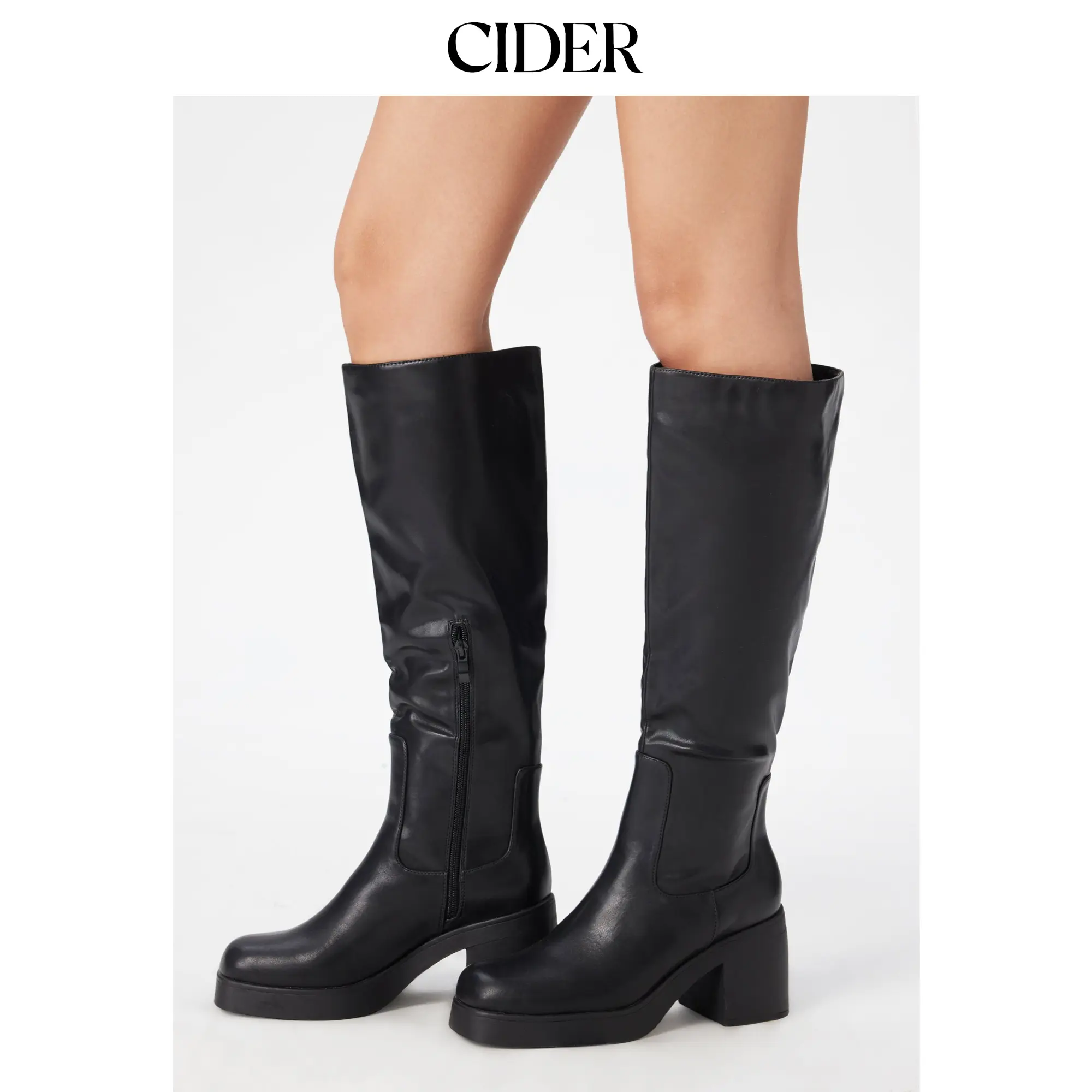 Cider SQUARE TOE CHUNKY HEELED FAUX LEATHER KNEE HIGH BOOTS SohoChic