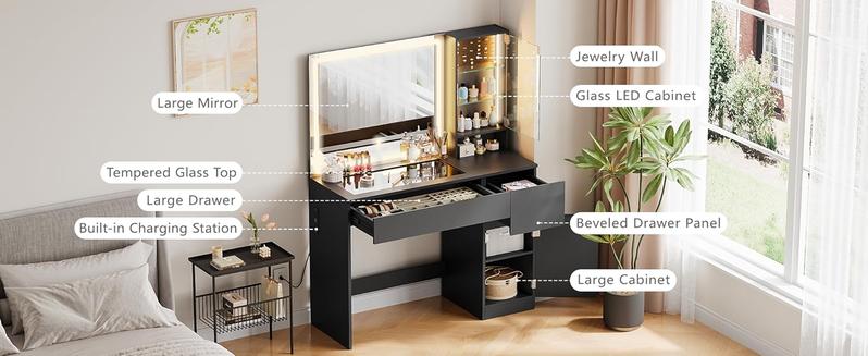 wanan 41" Vanity Desk with Glass Top, Black Vanity with Mirror and Lights, Power Outlet, Jewelry Storage, 3 Adjustable Lighting Modes, Makeup Vanity with 2 Drawers for Bedroom