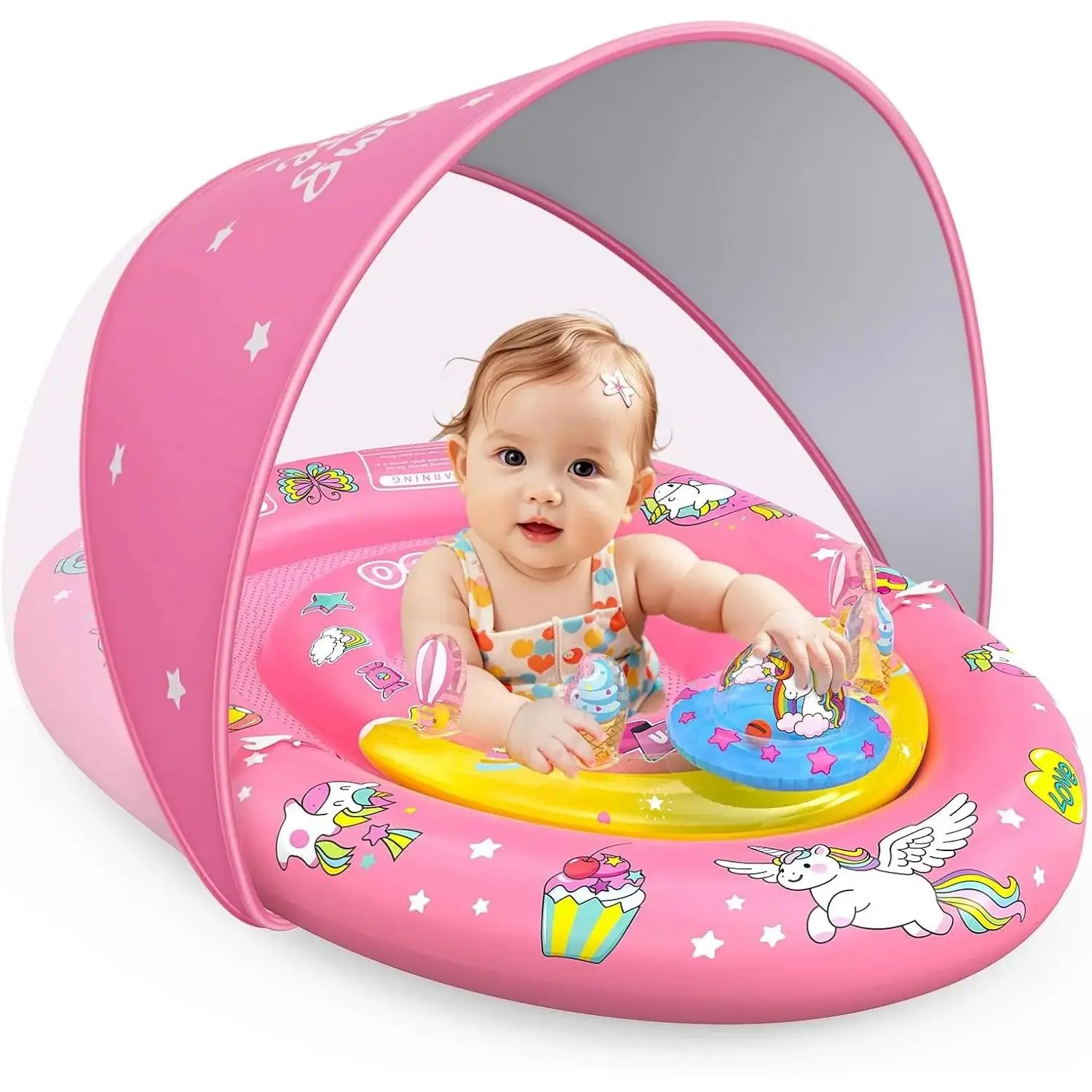 Baby Pool Float with Canopy UPF 50+ Sun Protection, Double Air Chambers Infants Swimming Floats with Sound Toys Adjustable Safety Seat Toddler Float for Boys and Girls 6-36 Months