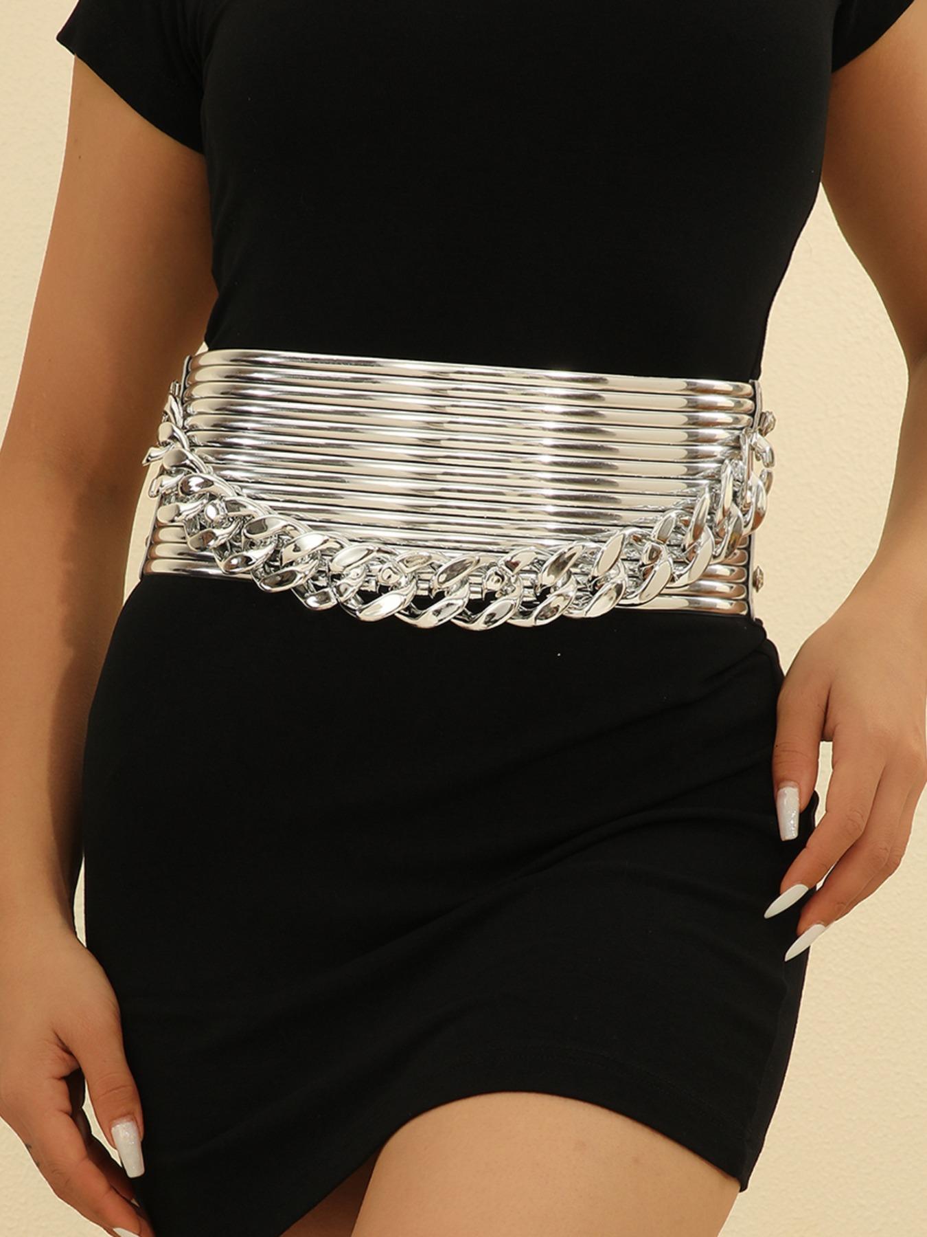 Women's Fashion Chain Decorated PU Leather Wide Belt, Casual Waistband for Jeans, Fashion Belt for Party, Daily Clothing Decor, Trendy All-match & Exquisite Belt for Gift, Chain Belts