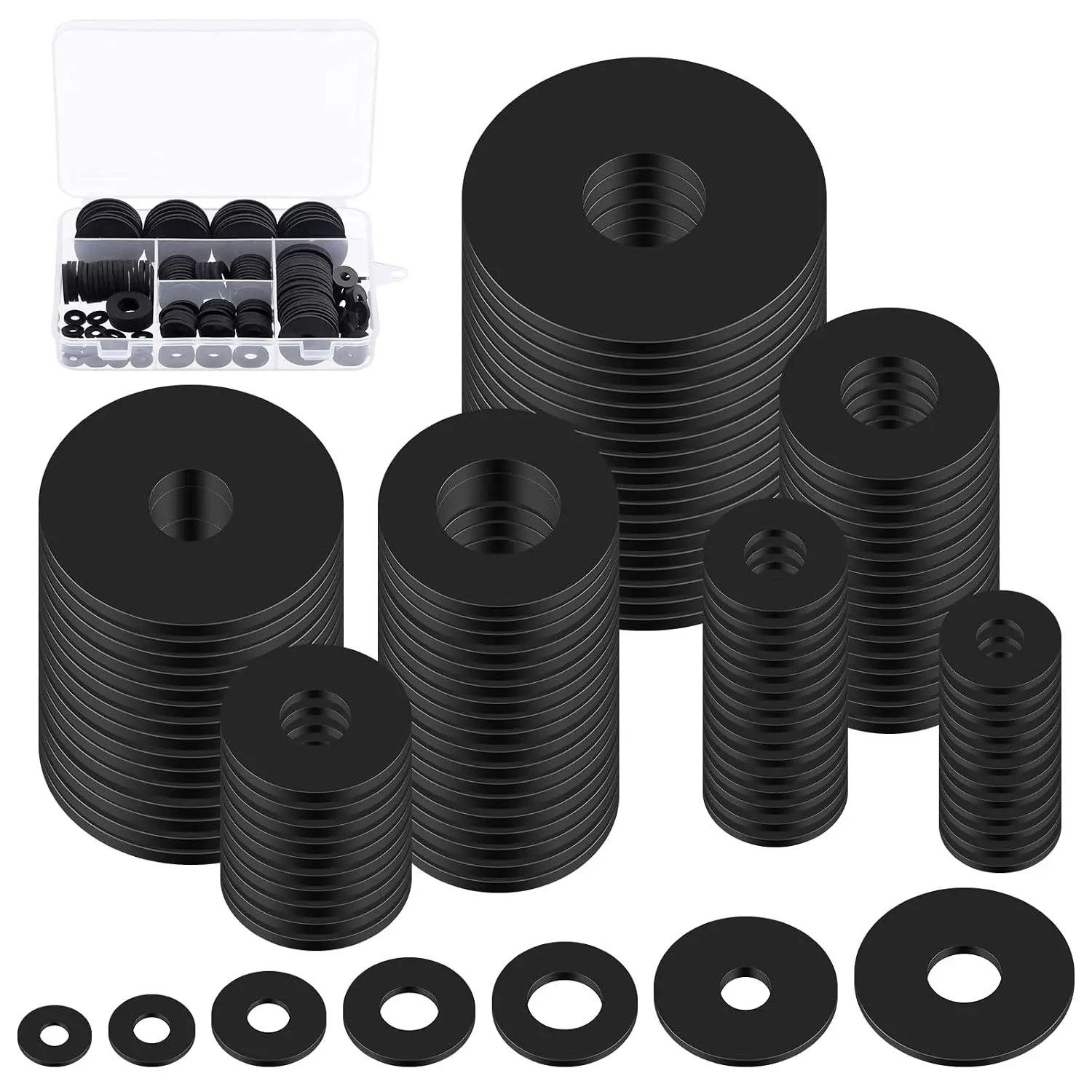 175 count 7 Sizes Flat Rubber Washers  Kit, Heavy Duty Black Rubber Vibration Damping Pads, Gasket Kit for Appliances Faucets Screws