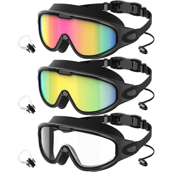 Unisex Adult 3-Pack Swimming Goggles, Leakproof Silicone Eyewear with Wide View, Anti-Fog, UV400 Protection, Nose Clips & Nose Cover, Goggles for Swimming