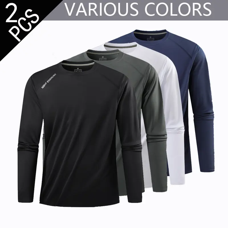 Round-neck quick-dry ice silk long-sleeved T-shirt, men's fashion casual, cool summer long-sleeved T-shirt, running sports, men's elastic outdoor fitness top, autumn