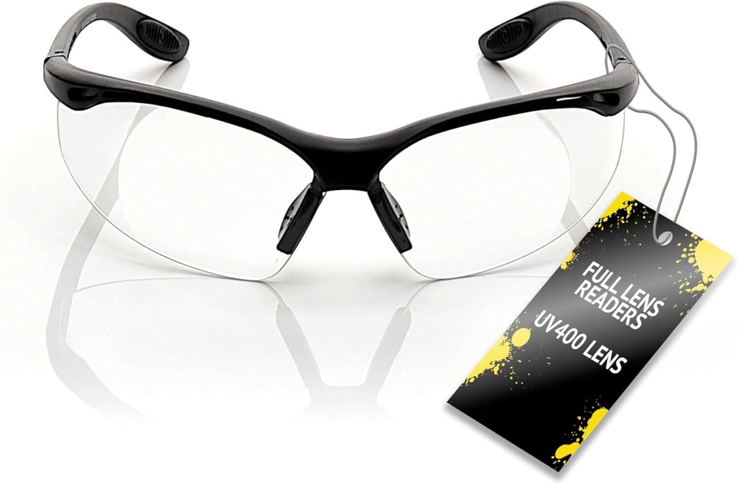 SAFETY READERS (CLEAR +1.5 Dioptre) Full Lens Reading Safety Glasses ANSI Z87.1+ & CE EN166F, Wraparound Style - Includes Safety Cord with headstop - UV400 anti fog coated lens