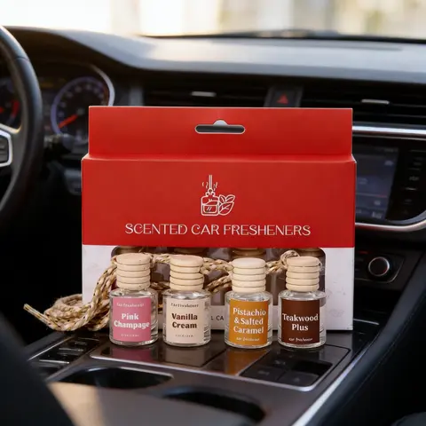 Hanging Car Air Freshener Set, Car Diffuser Kit, Fragrance Oil Diffuser with Essential Oils, Long-Lasting Aromatherapy Scents, New Car Scent, 4-Pack for Car Interior Use
