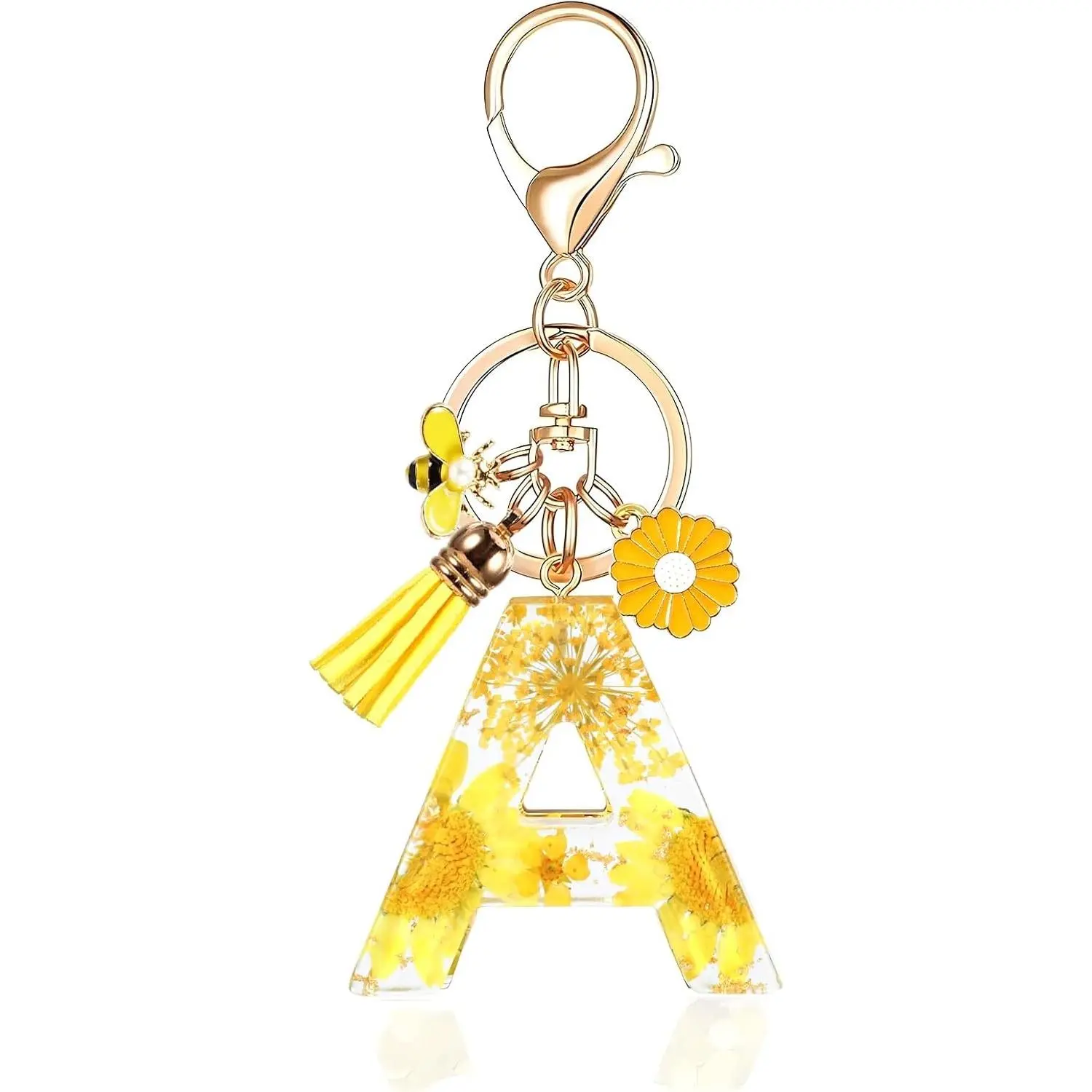 Initial Letter Resin Alphabet Keychain with Yellow Petals and Gold Foil Key Ring Charm(Gift)