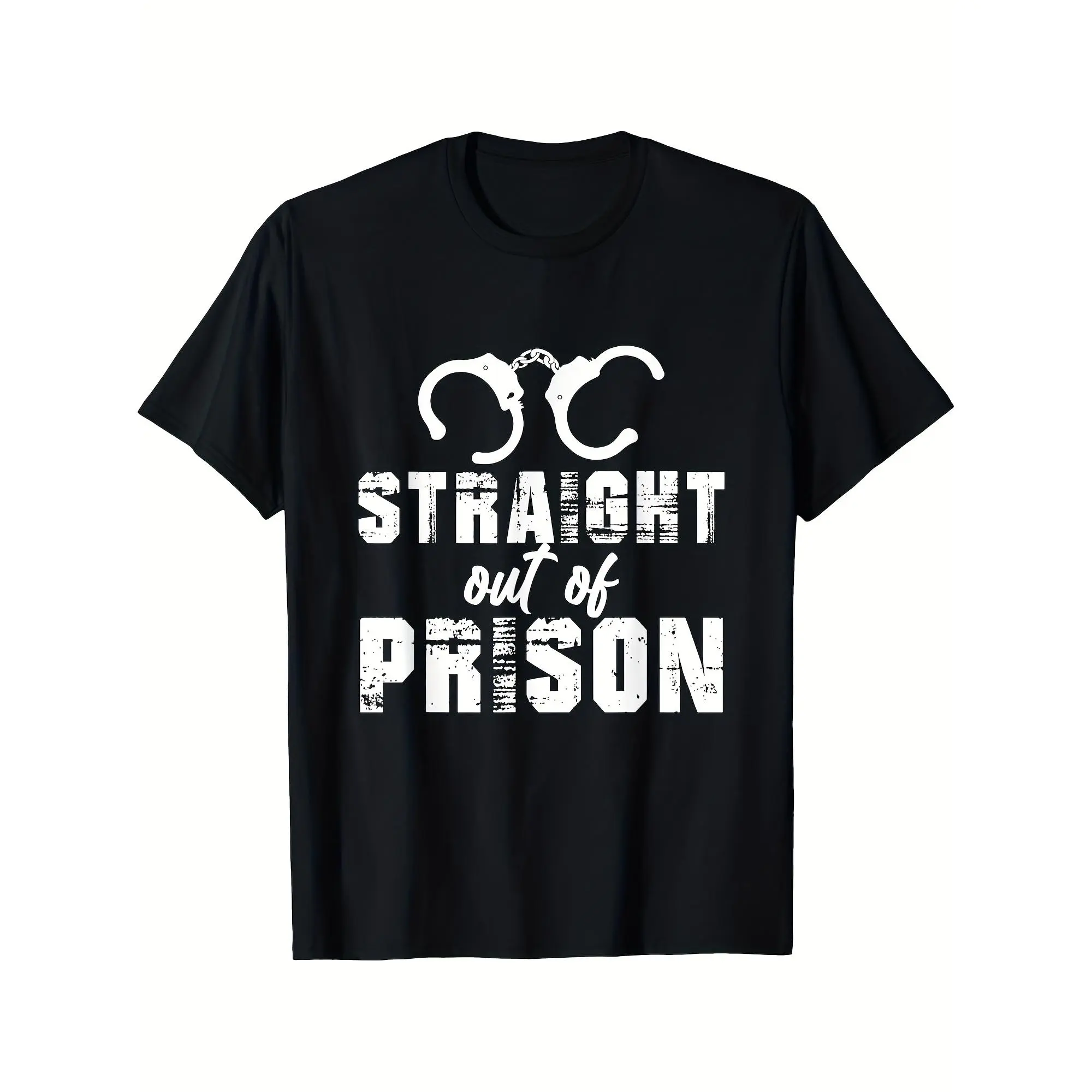 Men's Vintage "Straight Out of Prison" Handcuffs Graphic Short-Sleeve Cotton Knit Fabric T-Shirt - Black with White Print, Retro Streetwear, Round Neck, Regular Fit, All-Season Comfort, Menswear for Casual Outfits, Shortsleeve, Stretch, Top