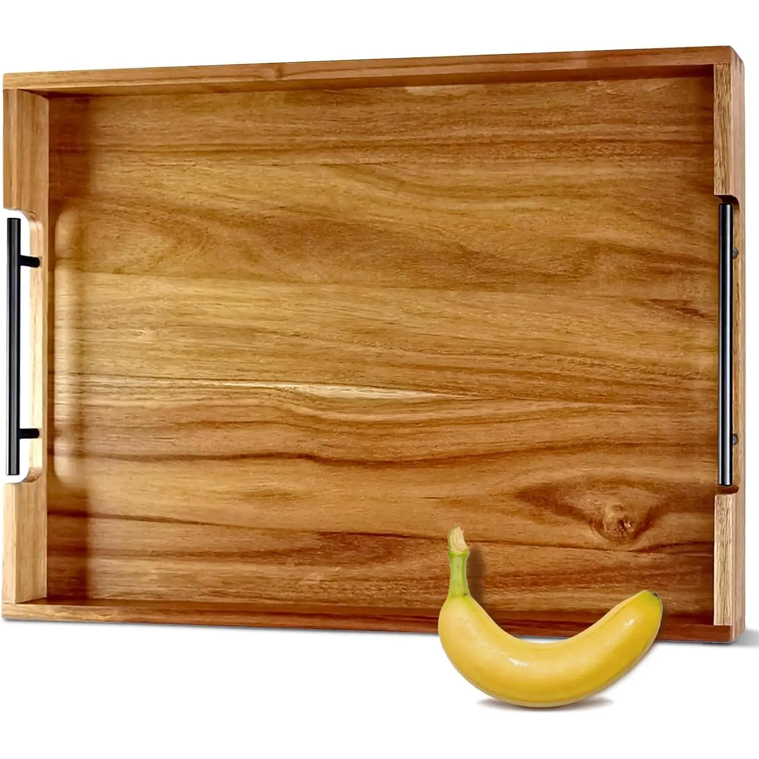 22" x 15.75" Acacia  Serving Tray with Black Metal Handles | Large Rectangular Wooden Tray for Living Room, Kitchen, Coffee Table, Coffee Station, Party
