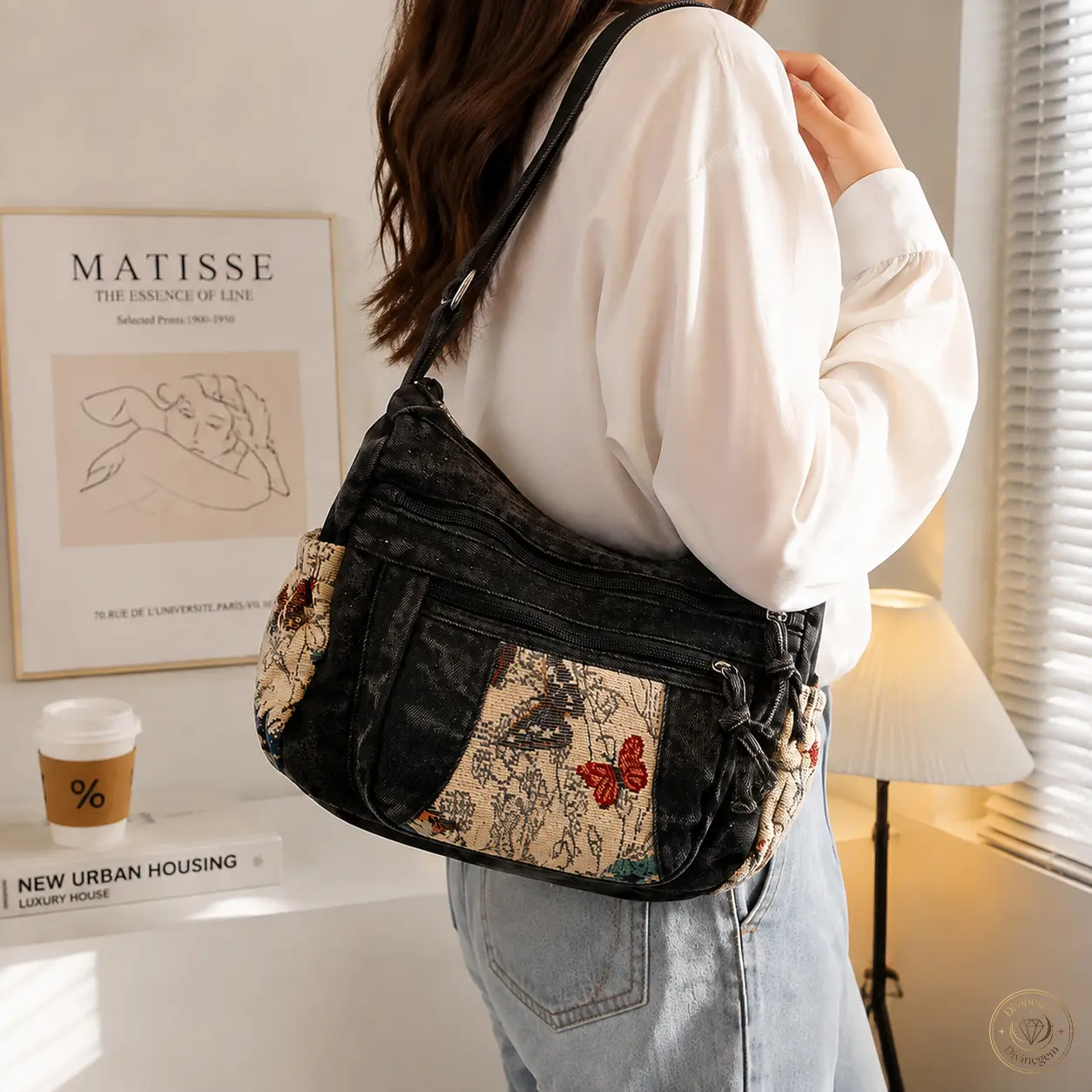 Women's Vintage Denim Crossbody/Shoulder Bag – Butterfly & Floral Patchwork Hobo Bag; Casual Handbag Featuring Adjustable Strap and Multi-Pocket Design; Soft Washed Fabric for Everyday Use; Ideal for Street-Style Outfits, Shopping, and Daily Commuting.