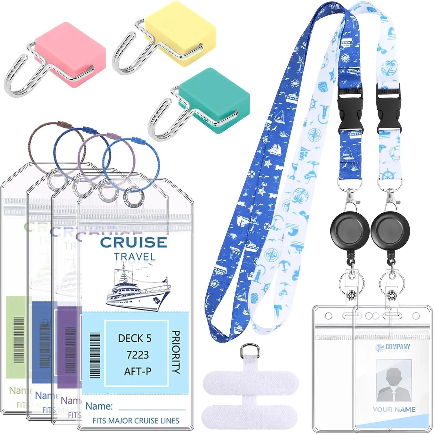 Cruise Essentials Kit with Lanyards, Luggage Tags, Hooks & Phone Clips | 2 card lanyards, 4 luggage tag holders, 3  hooks, 2 phone clips, water-resistant holders, easy onboard organization