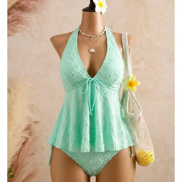 Women's Textured Floral Halter Tankini Swimsuit, Front Tie Flowy V Neck Two Piece Swimwear, High Cut Side Tie Bikini Bottom, Modest Tank Top Bathing Suit for Hot Spring, Beach, Pool Party and Vacation