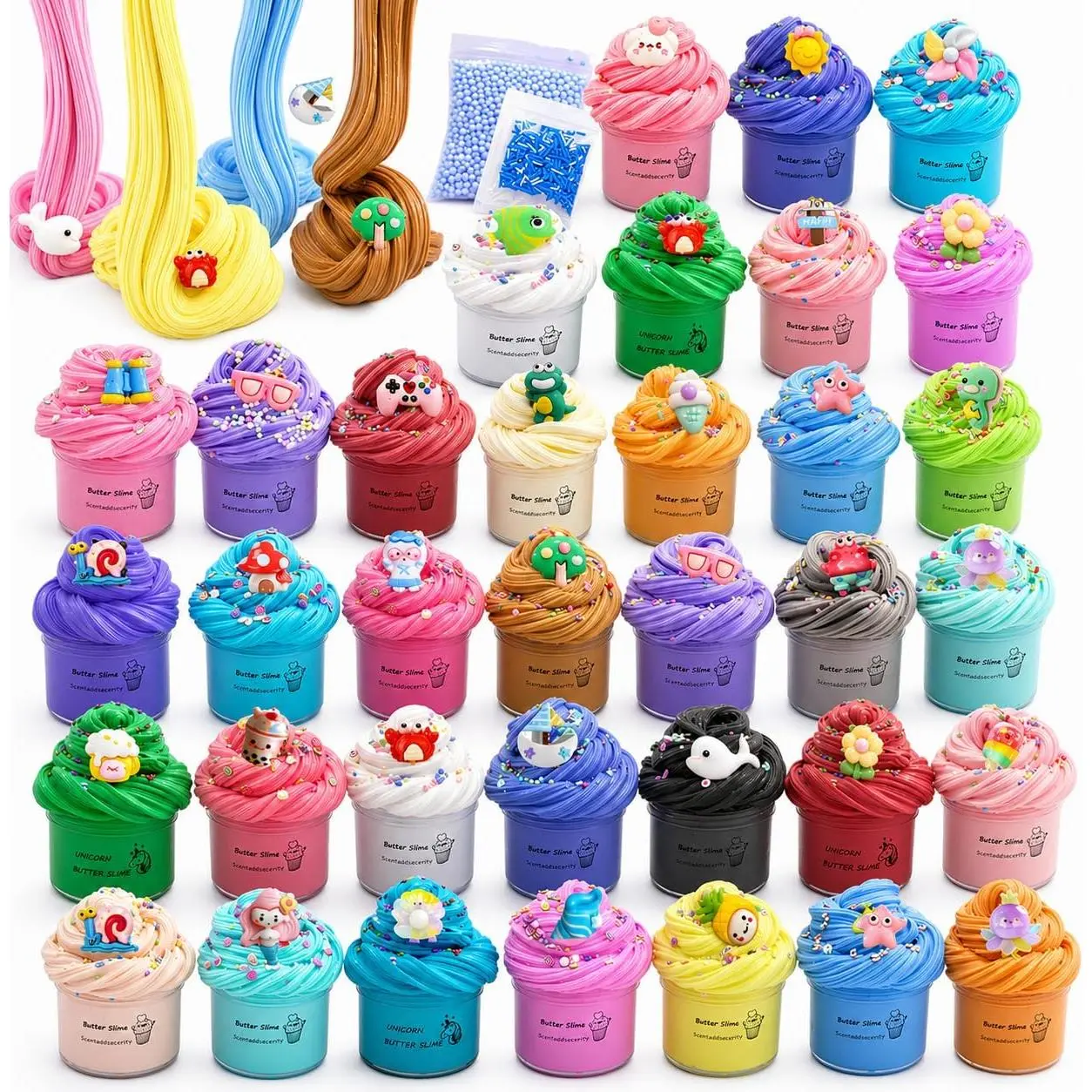 35-Pack Butter Slime Kit with Watermelon, Coffee, Mint, Candy & Lemon Varieties - Stretchy, Non-Sticky Stress Relief Toy for Kids, Party Favors, Easter Basket Stuffers, Stretchy Slime, Unisex
