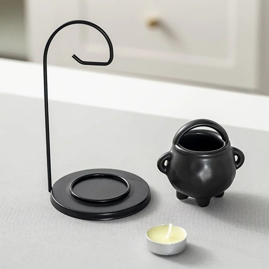 Black Single Hanging Cauldron Ceramic Aroma Lamp - Hanging Pot Candle Heater, Decorative Warm Night Light, Essential Oil Diffuser Holder, Stove for Living Room, Bedroom