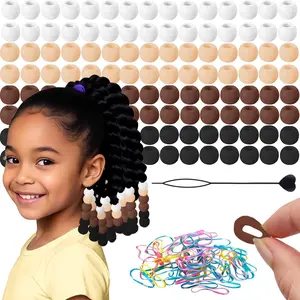 120 count 14mm Large  Beads for Hair Braids, Soft Jellyish Hair Beads with 7mm Hole + 50 Rubber Bands and 1 Beader for Braiding, DIY Bracelets Necklaces Crafts(Brown)