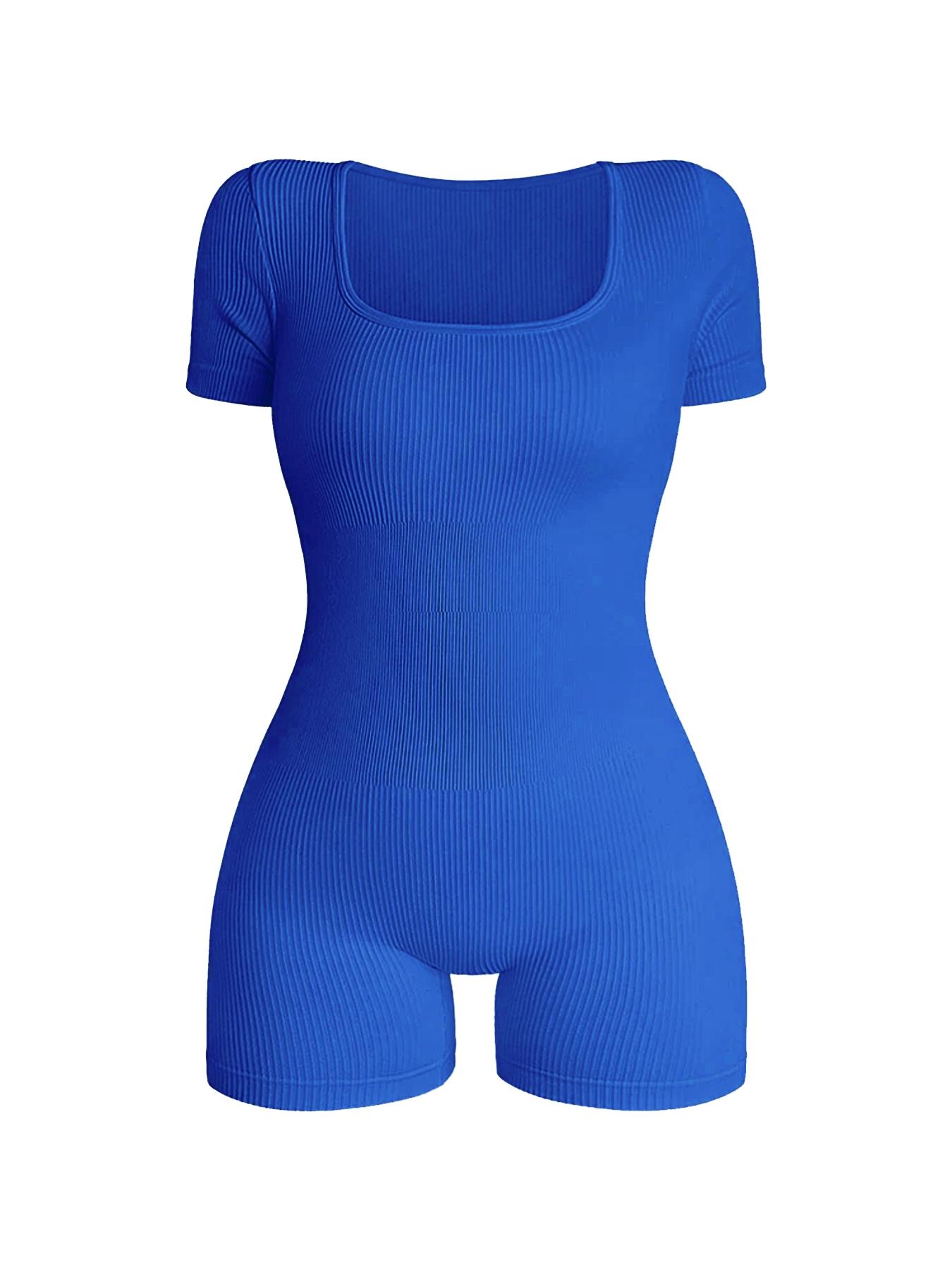 Women's Solid Short Sleeve Sports Bodysuit, Casual Sporty Square Neck Bodycon Bodysuit for Yoga Gym Workout, Summer Outfits 2024, Ladies Sportswear for All Seasons