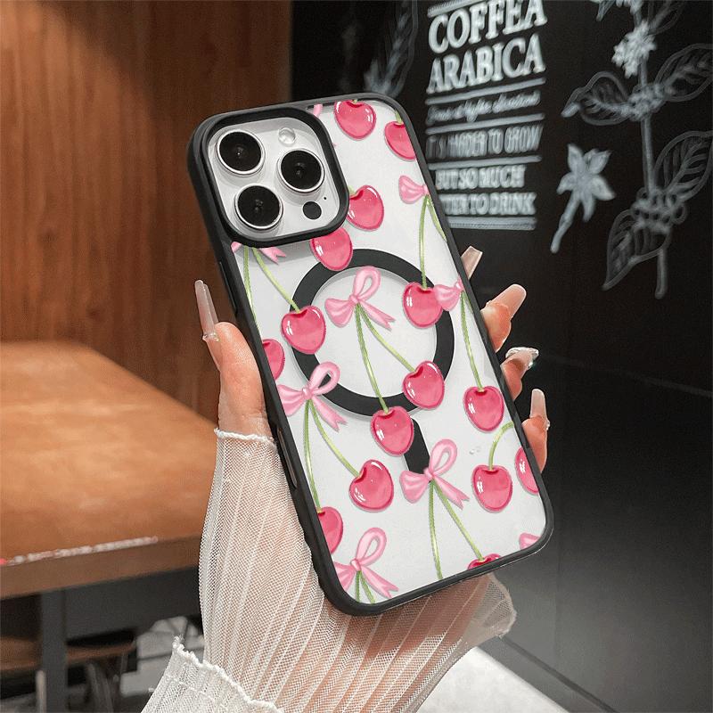 Aesthetic Magnetic Compatible Case for iPhone 17 Pro Max / 16 / 15 Pro Max / 15 / 14 / 13 / 12 / 11 / XS / XR – Cute Cherry Pattern Print | Shockproof Silicone Lightweight Scratch-Resistant Protection