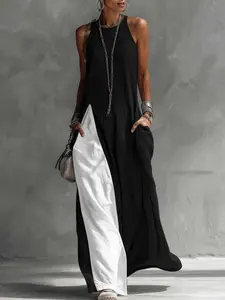 Regular Size Black White Color Block Halter Maxi Dress, Women's Sleeveless Back Cutout Split Linen Casual Vacation Dress