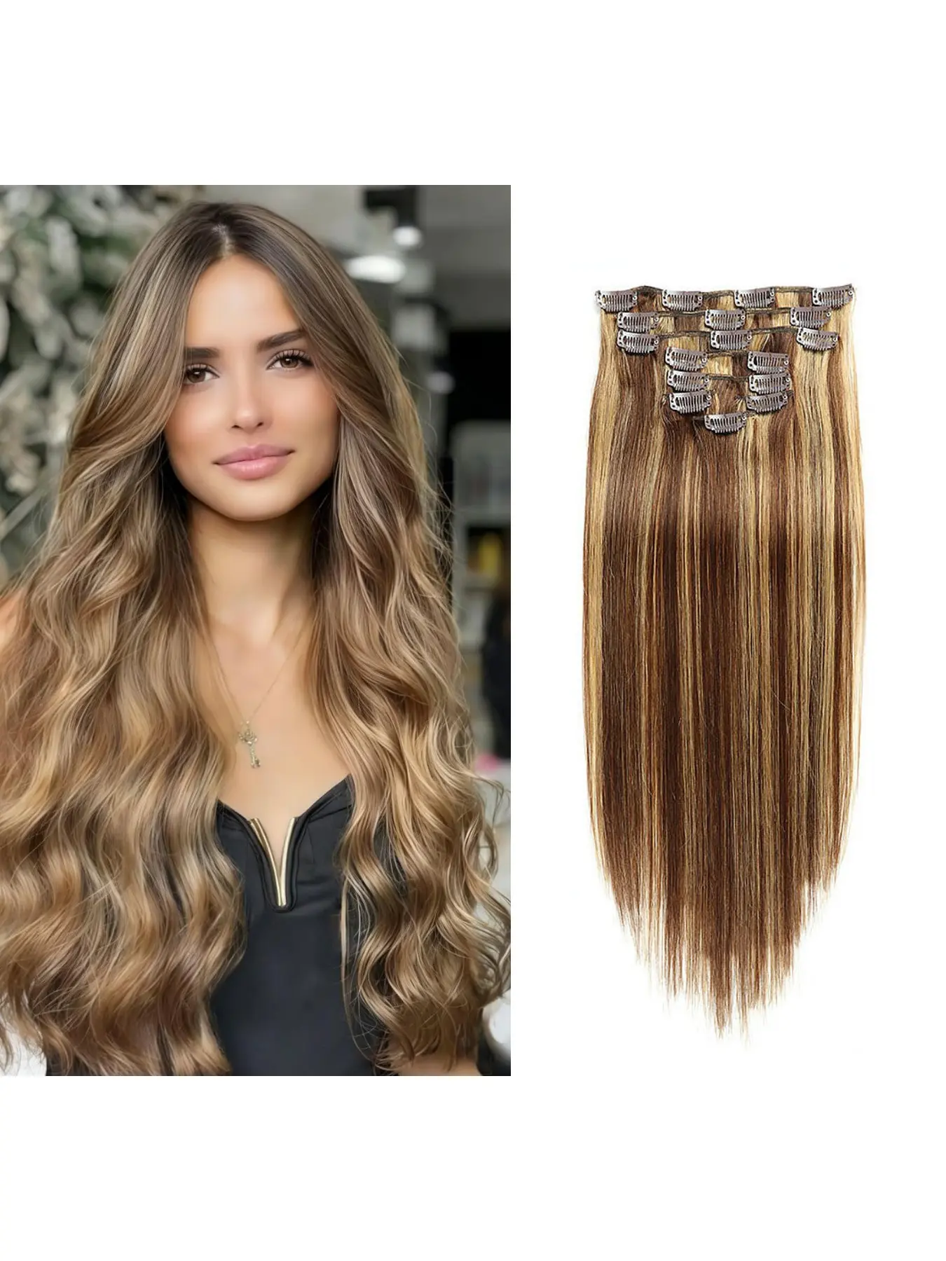 7 Pieces Clip In Remy Human Hair Extensions #4/27 Highlight Straight Human Hair Clip Ins Multiple Lengths 12-24 Inch 70-200g Thick Real Human Hair Can Be Dyed Permed Reusable Hair Extensions For Women All Occasion Hairstyle