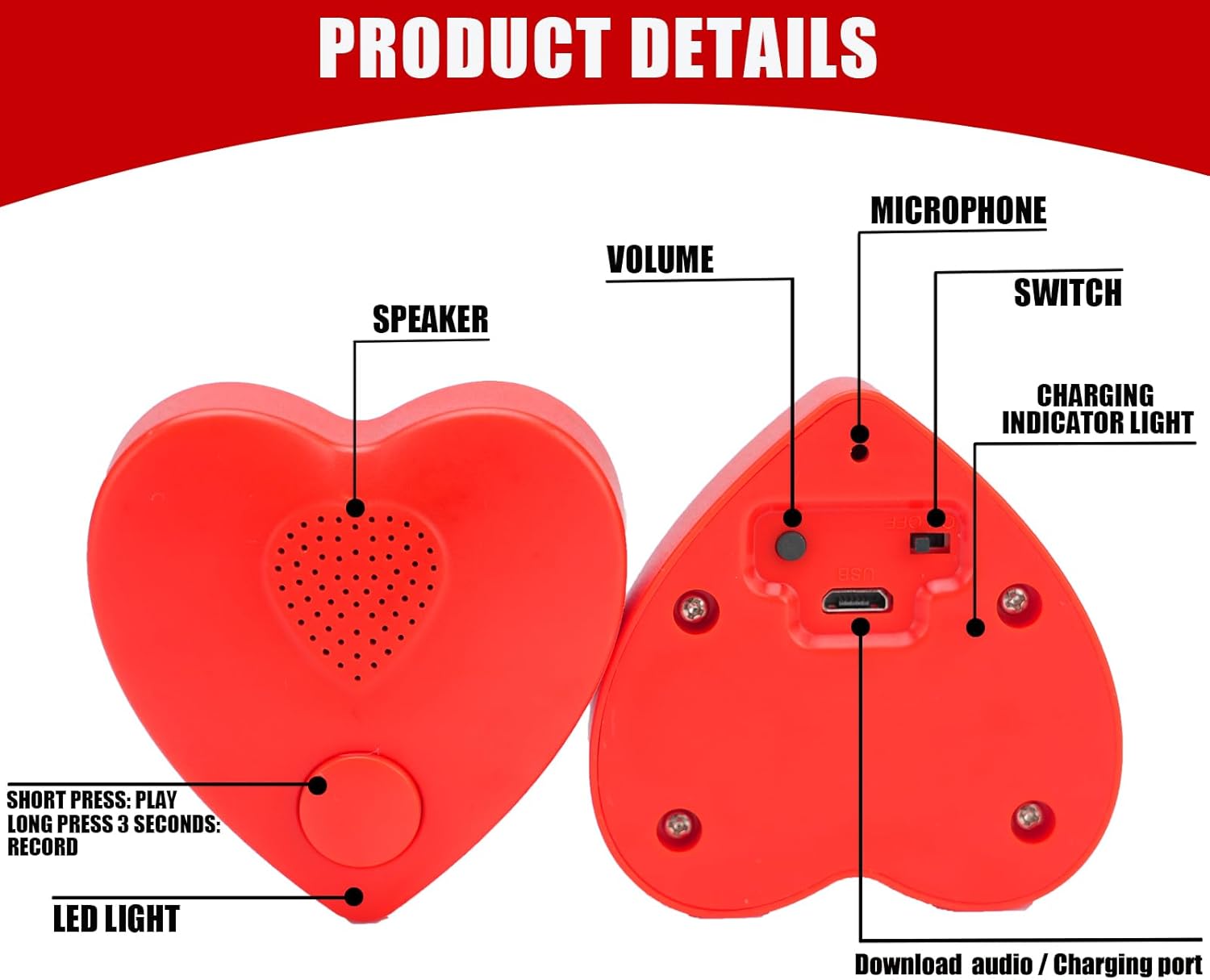 Voice Recorder, 16min USB Downloadable, Recordable Sound Chips Module for Stuffed ,Personal Voice Message for Mother's Day Christmas Plush , DIY Creative Presents for Boys, Girls (Red)