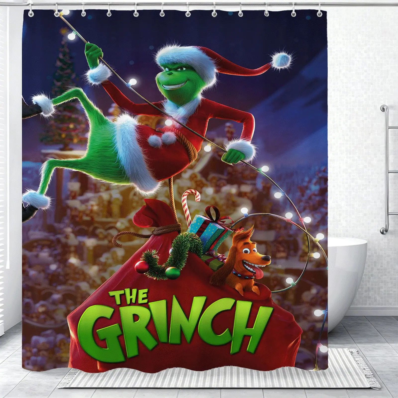 The Grinch Christmas Shower Curtain, Waterproof Fabric, Easy to Install, Vintage Holiday Decor Style, Perfect for Home, Hotel and Dorm Bathroom Decor, Featuring Fun Festive Winter Themed Artwork