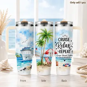 Cruise Vibes & Beach Days Vacuum Flasks 40oz 3rd Gen Vacuum Insulated Stainless Steel Tumbler with Handle, Straw Lid, Leak-Resistant Travel Mug for Water, Coffee, Gifts, Office, Gym & Car Cup Holder