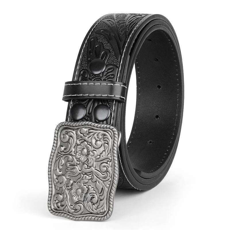 XZQTIVE Men's Western-Style Belt: Crafted from Embossed & Engraved Leather, featuring a sturdy buckle.  Perfect for jeans & pants, showcasing a rugged cowboy or rodeo vibe.  Adding a touch of masculinity to your everyday or special occasion outfits.