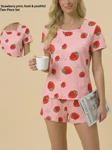 Women's Two Piece Loungewear Set Short Sleeve Shorts Strawberry Print Pattern Valentine's Day Gift Home Out Gathering Holiday Gift