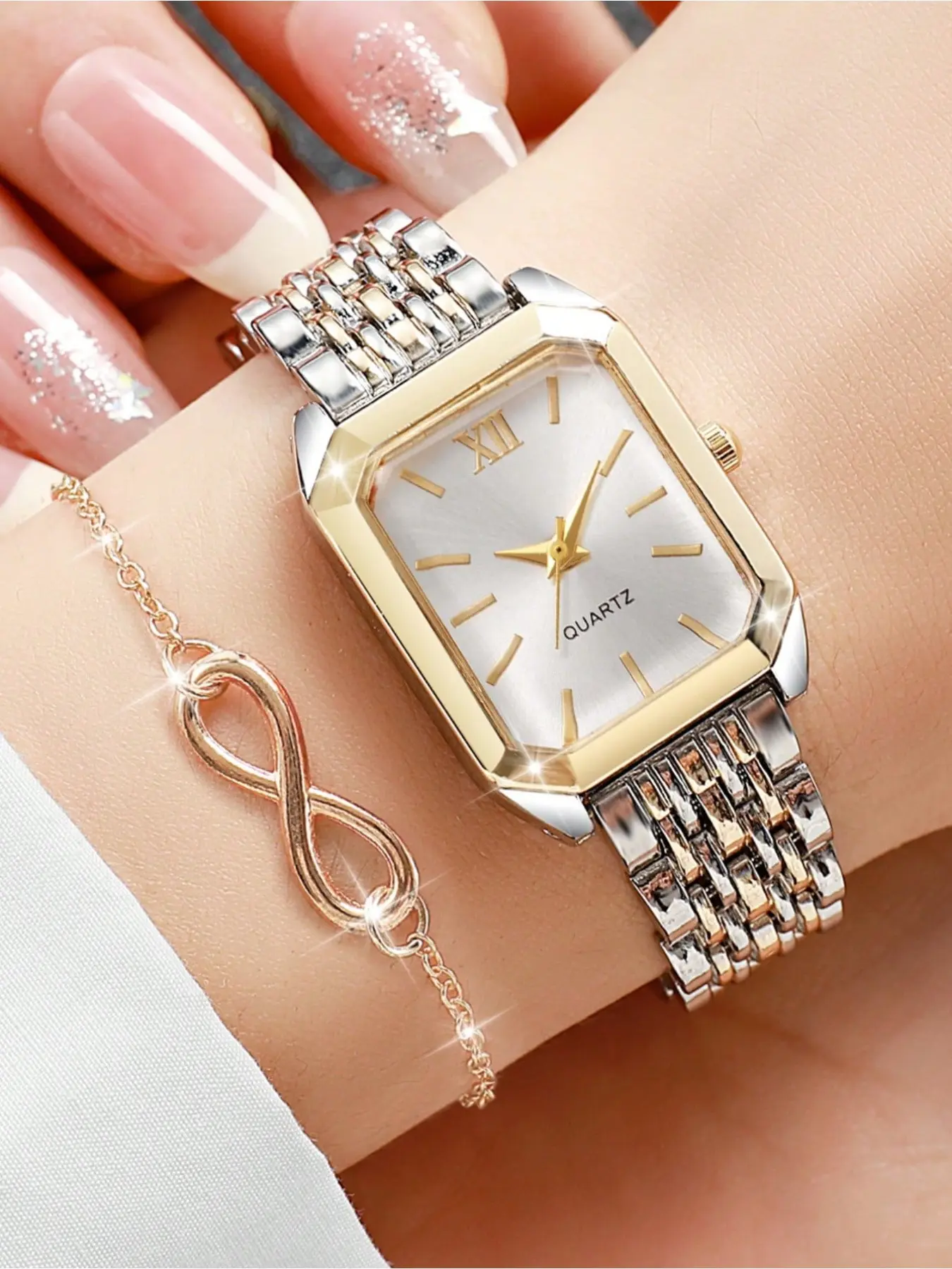 2pcs/Set Women's Gift Casual Fashion Watch With Steel Band, Square Minimalist Roman Numeral Dial, Elegant Quartz Wristwatch + Bracelet (Watch Box Not Included)