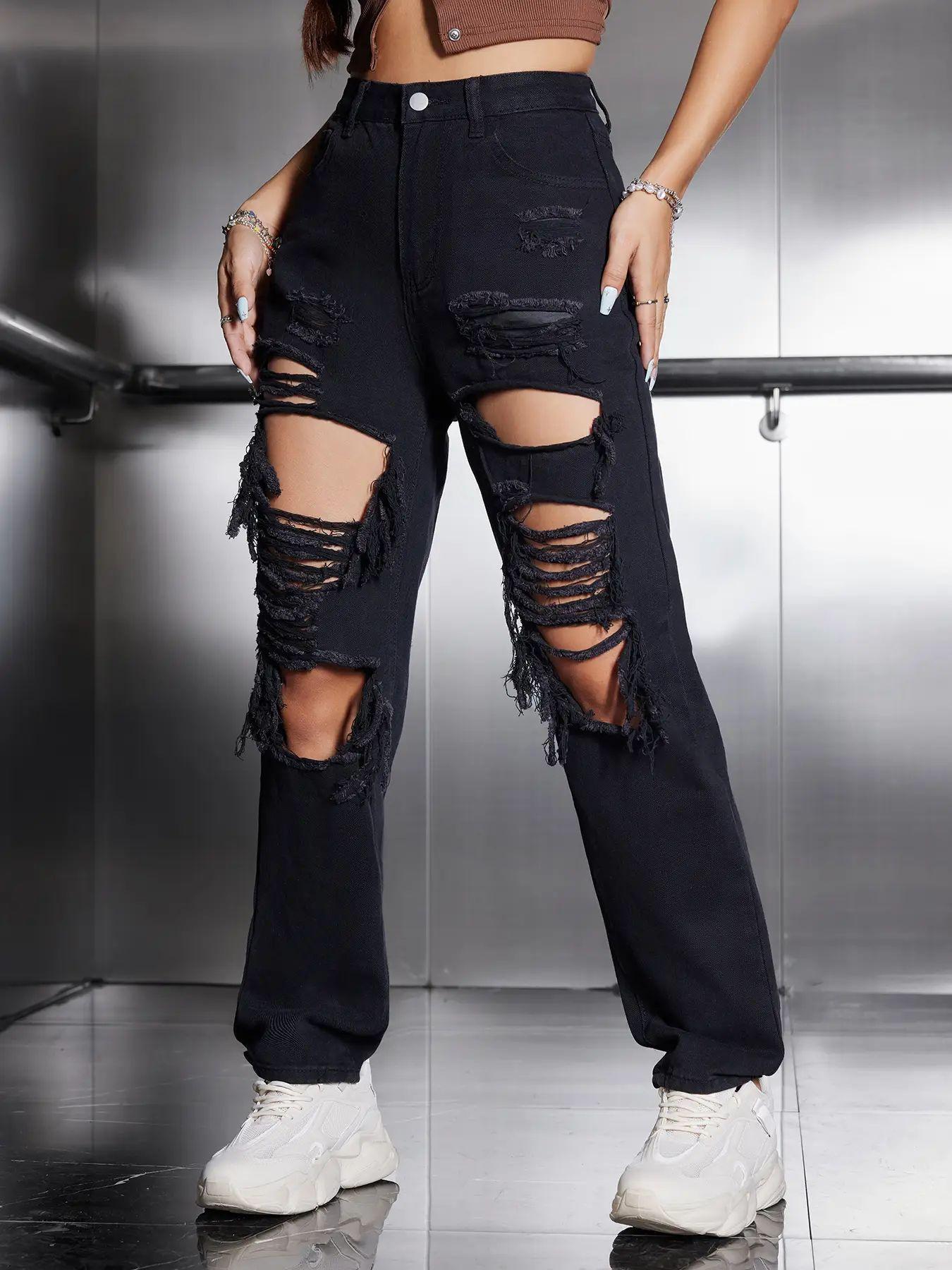 Women's High Waist Ripped Jeans, Fashion Casual Style Distressed Straight Leg Denim Pants, Destroyed Hole Jeans, Lady Bottoms for Daily Wear Streetwear