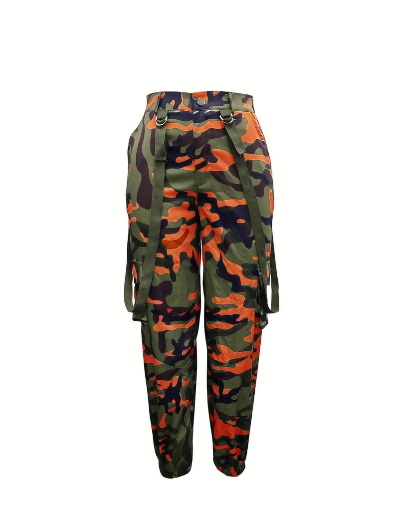 Women's Print Flap Pocket Cargo Pants, Casual Chic Trousers, Casual Streetwear Button Trousers for Daily Wear, Ladies Bottoms for All Seasons