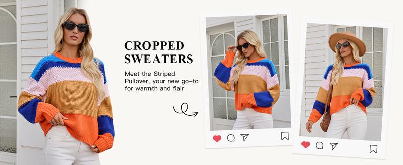 FMEYOA Womens Color Block Cropped Sweaters 2025 Winter Trendy Casual Oversized Y2k Going Out Striped Pullover Tops