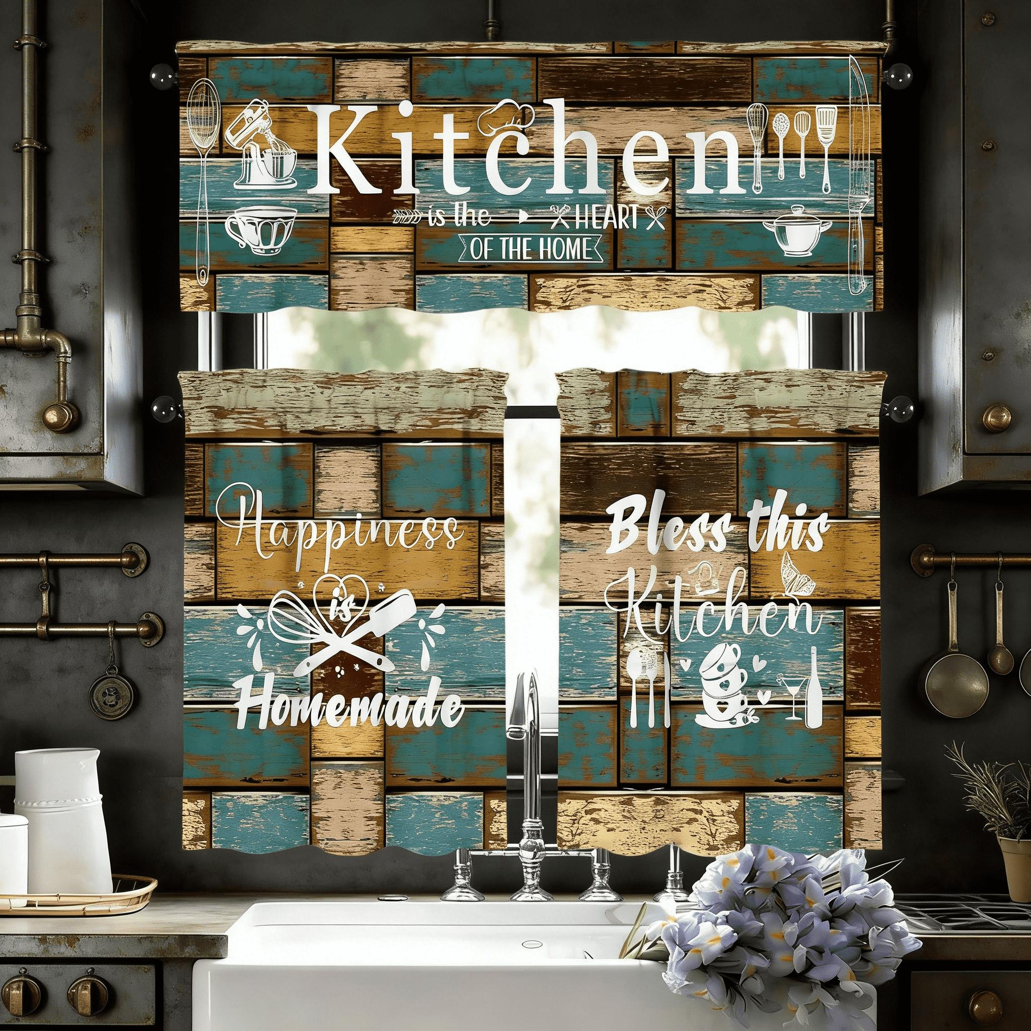 SoftHaven Home Made in USA Vintage Rustic Farmhouse 3-Piece Kitchen Curtains & Valances Set, Elegant Country Style Rod Pocket Window Drapes, Reusable Washable Polyester Home Decor for Kitchen Windows