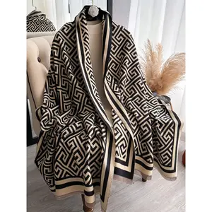 Women’s Geometric Fringe Shawl – Thick Woven Warm Wrap, Elegant Fall & Winter Fashion Accessory