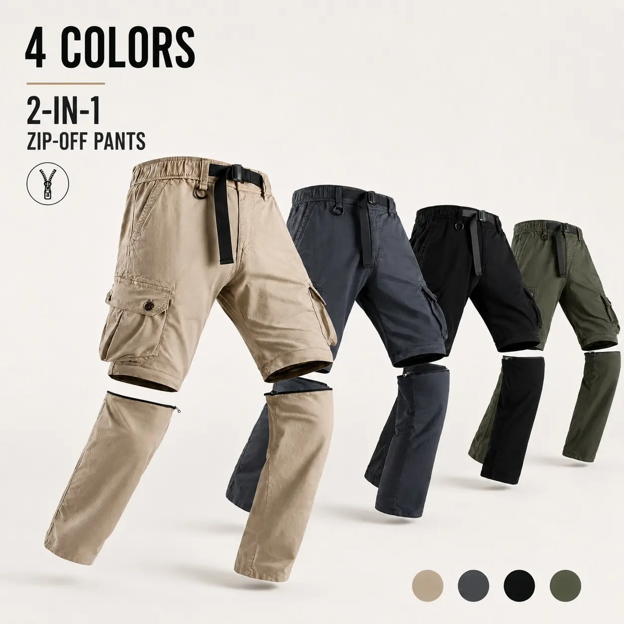 Men's 2-in-1 Convertible Cargo Pants in Natural Cotton Fabric, Zip-Off Hiking Trousers with an Adjustable Belt and Multi-Pockets, Menswear, Plain, Utility, Long, Mid Waist, 100% Cotton