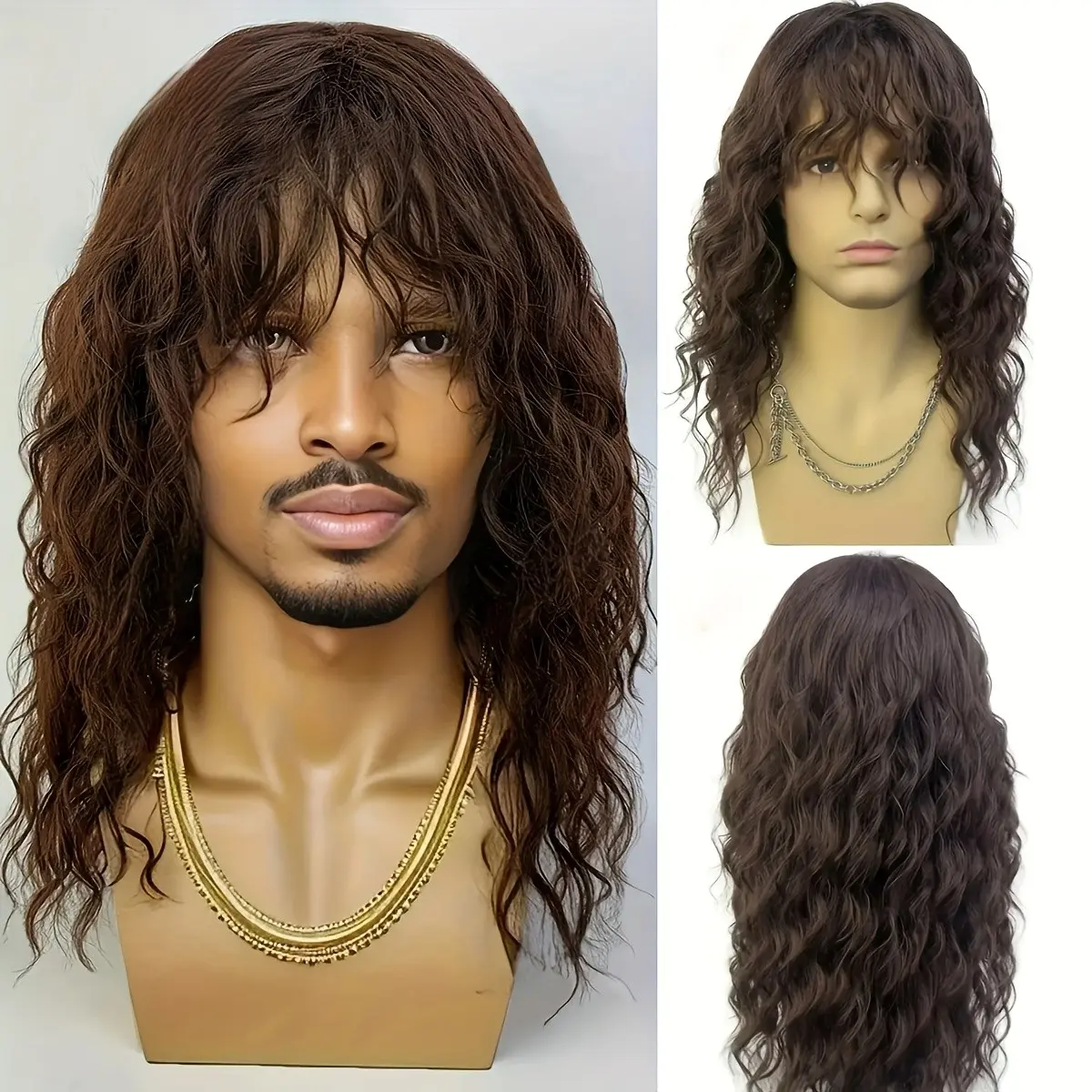 Men's Wavy Synthetic Hairpiece with Bangs, Adjustable Size, Natural Look, Ideal for Daily Wear and Cosplay, Halloween Costume Accessory