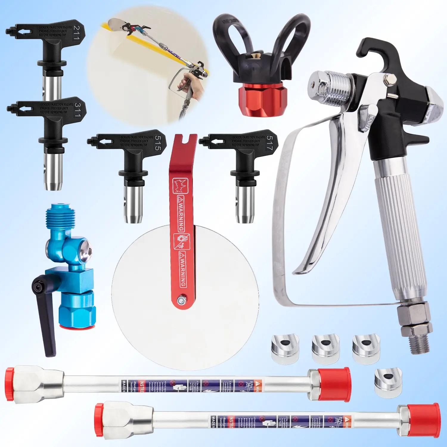 Airless Paint Spray Gun Set Paint Spraying Tool with 211 311 515 & 517 Tips, Swivel Joint Tool, and 2 PCS 7.87 Inch Extension Rods - Adjustable Sprinkler and Partition Angles for Airless Paint Sprayer &DIY Painting Paint Sprayer Kit