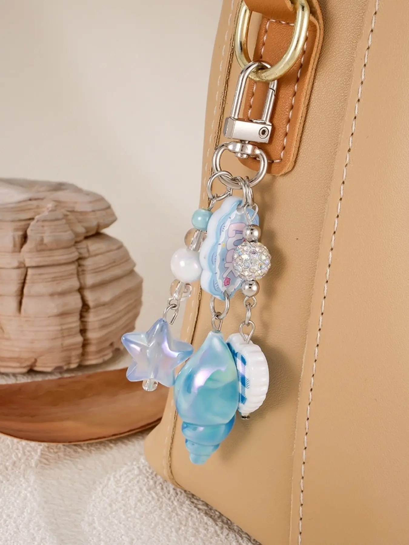 Colorful Seashell Heart Bag Charm, Transparent Star + Rhinestone Bead, Metal Lobster Clasp, Phone Chain, Keychain, AirPods Holder, Graduation Gift, Sparkly Bag Charm, Bedazzled Bag Charm