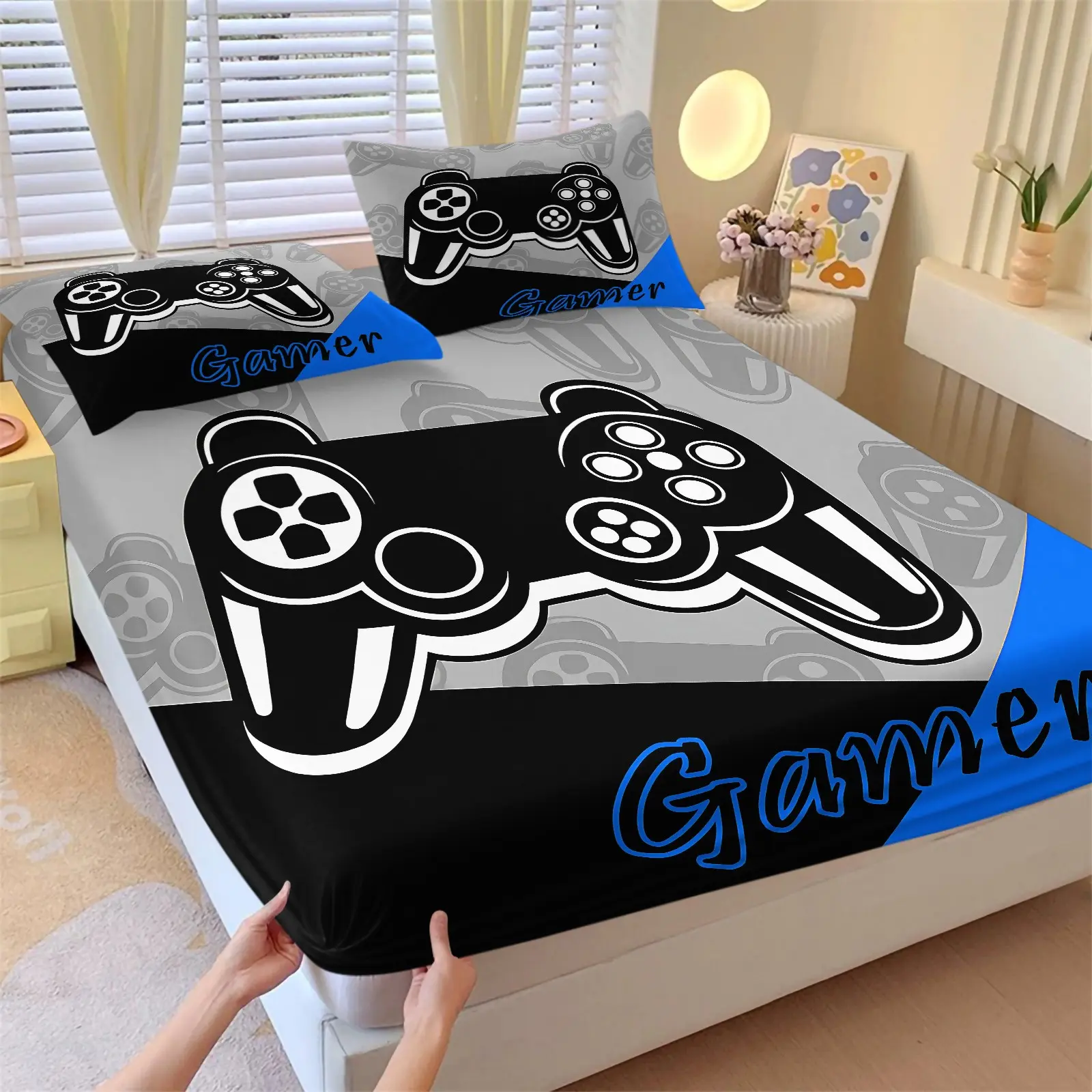 Two-Tone Black Gray Large Gamepad Gamer Text Print Fitted Sheet Set (1 Fitted Sheet + 2 Pillowcases),Elastic Skin-Friendly Microfiber,Non-Slip Deep Pocket Design,Cool Gaming Decor For Boy Room & Dorm
