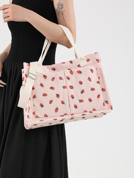 Small fresh strawberry print canvas tote bag for women Strawberry Themed Bag Large capacity multi-pocket shoulder bag Fashionable and versatile student bag Can hold mobile phones and cosmetics to meet the capacity needs of daily commuting and shopping