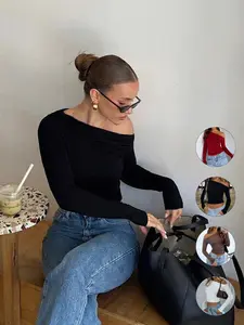 Women's Slim-Fitting Off-Shoulder Long Sleeve T-Shirt, Elegant Ruched Design for Spring & Fall, Perfect for Dates