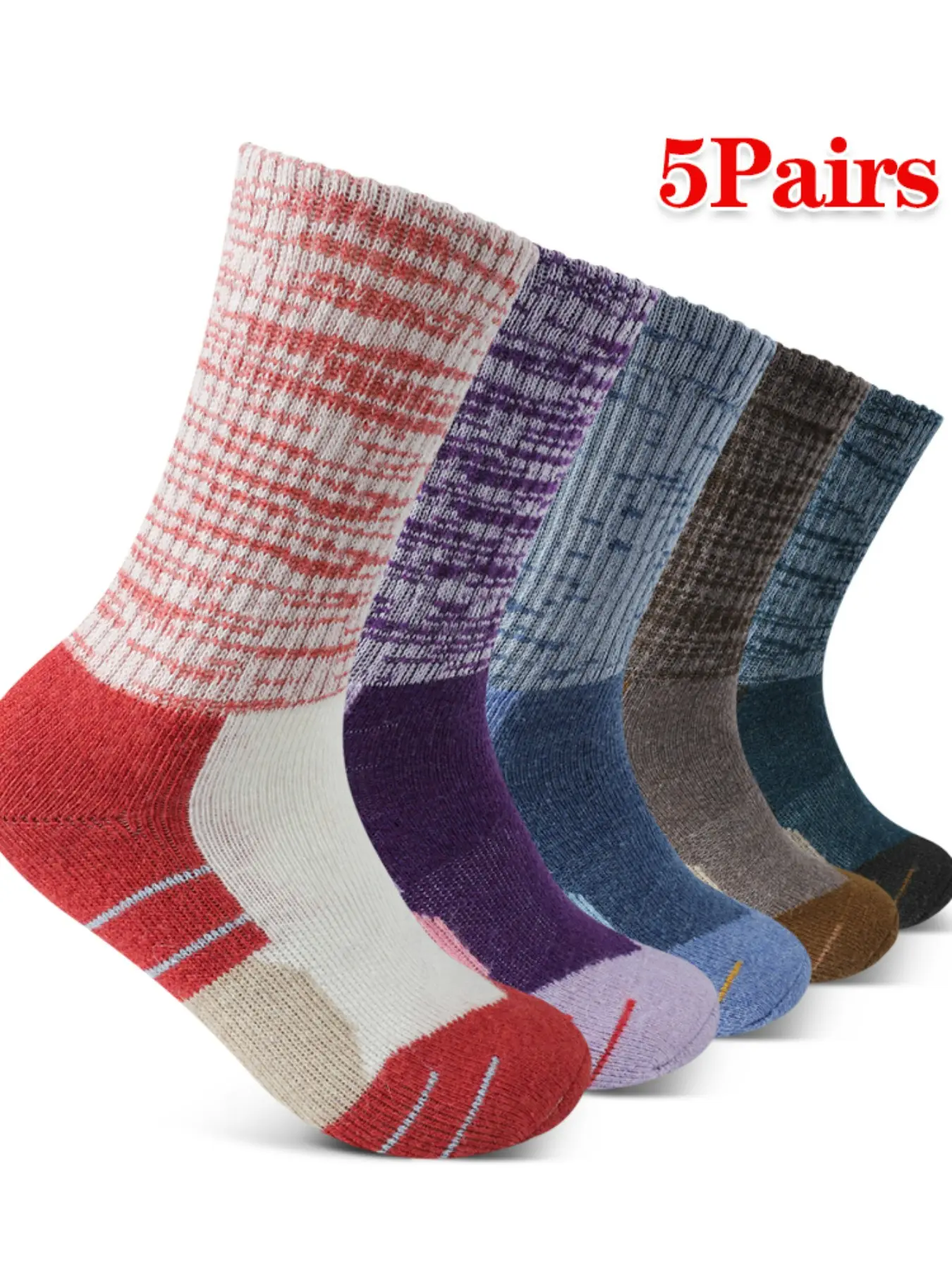 5 Pairs Fall Winter Women's Wool Socks, Vintage Colorblock Design, Warm Comfortable Cycling Socks, Elastic Mid-Calf, Breathable Sweat-Wicking Running Socks