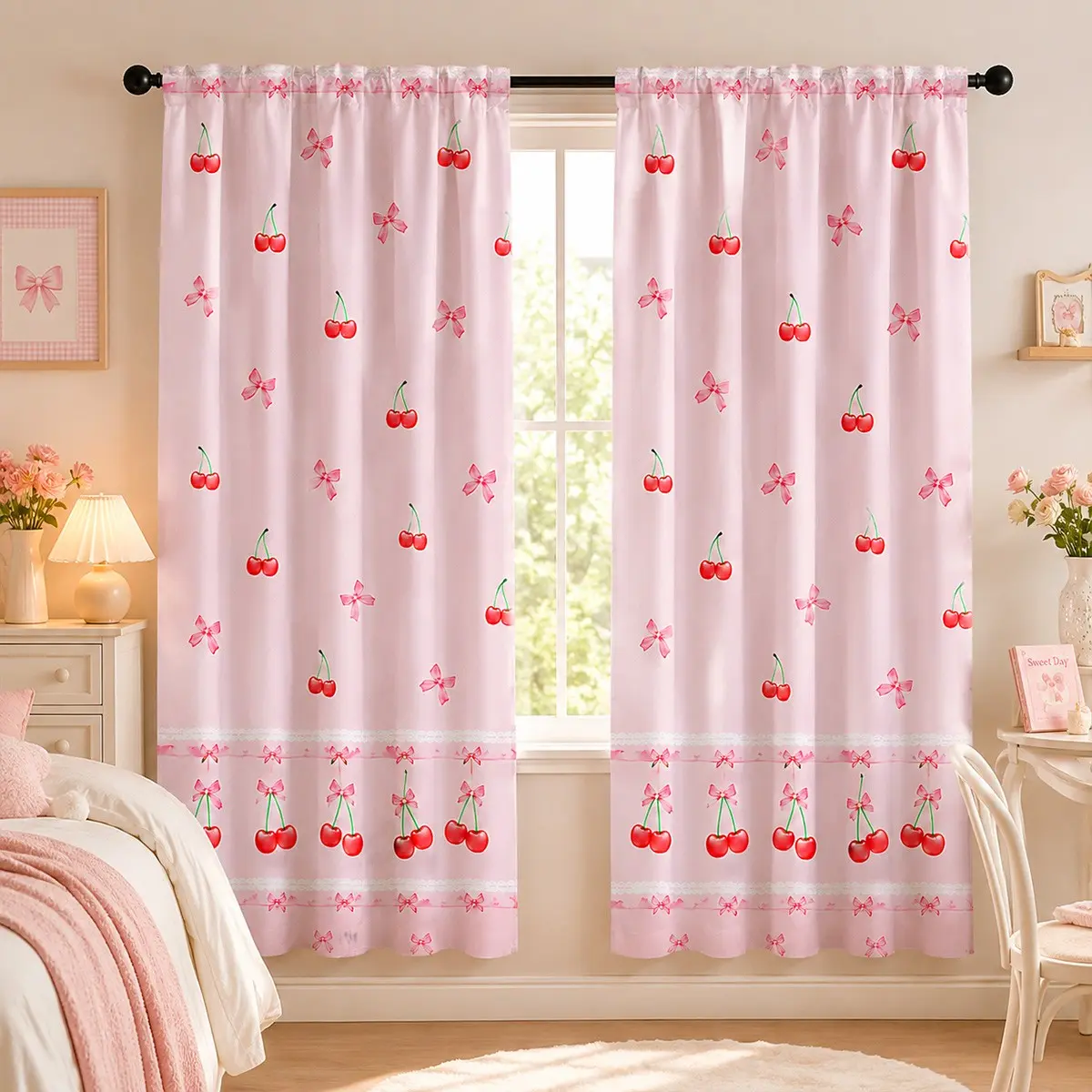 Light Cherry Bow Lace Curtain Set, 2-Piece Blackout Sweet Cherry Bow Lace Trim Print Curtains, Girls' Bedroom Princess Style Decor