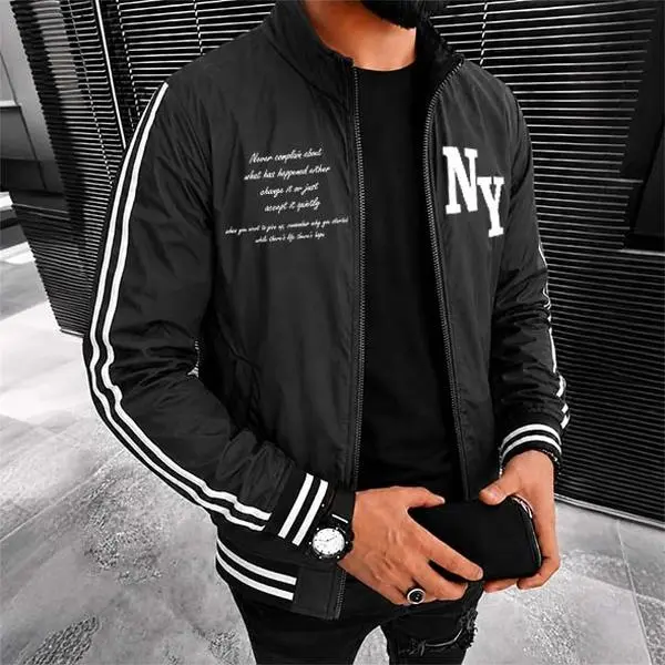 Men's New York Inspired Lightweight Zip-Up Track Jacket - Stand Collar Sporty Menswear, Front Chest & Back Letter Graphic, Classic Stripe Casual Long-Sleeve Outerwear for Spring Fall Daily Sports Sneakers Pairing