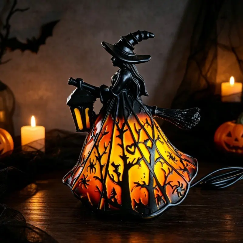 Halloween Witch Lamp, Gothic Spooky Witch Night Light, Resin Wizard Hat Witch Table Lamp Halloween Decor, Suitable for Indoor Party & Spooky Outdoor Halloween